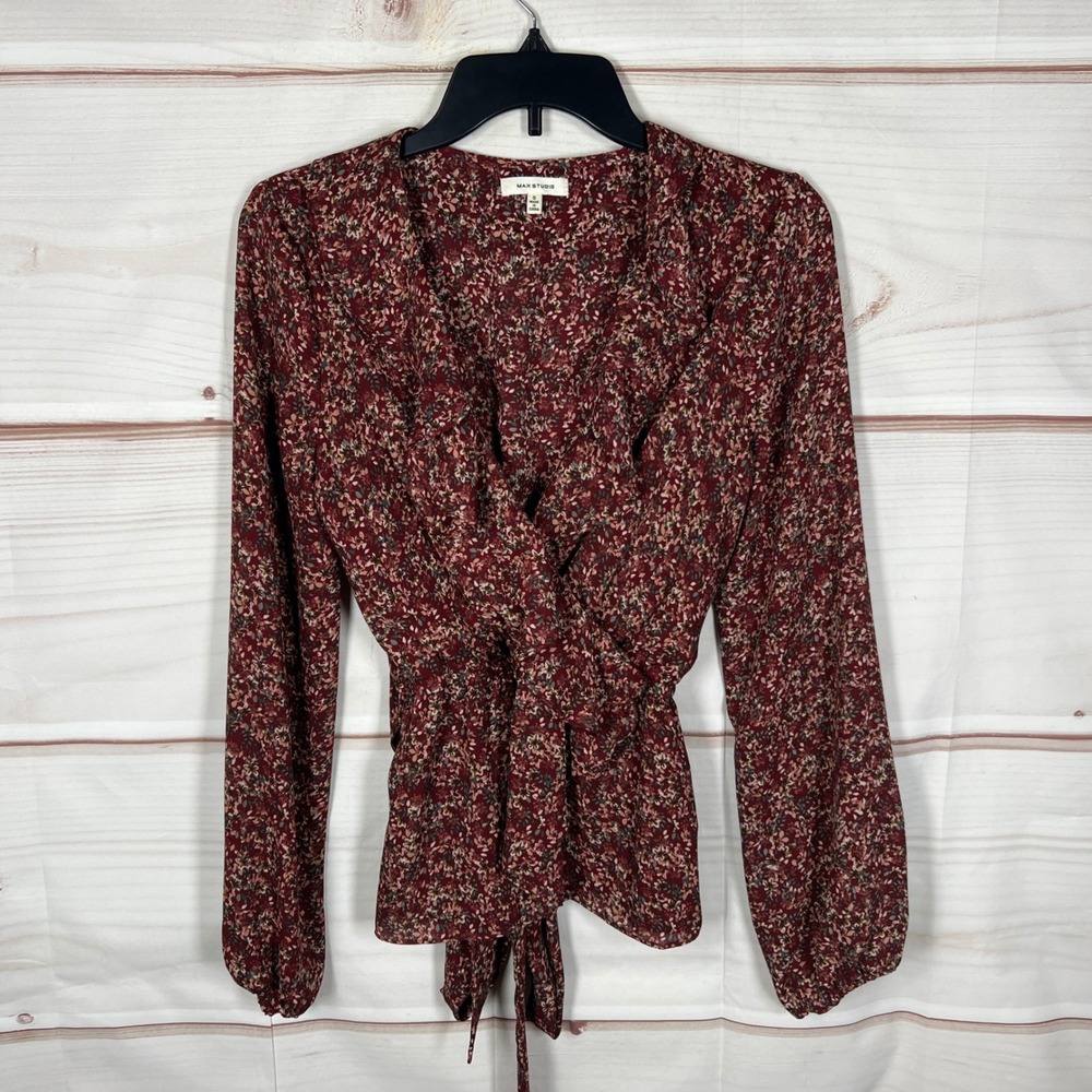Max Studio Faux Wrap Top Womens S Burgundy Floral Ruffle Long Sleeve Tie Waist